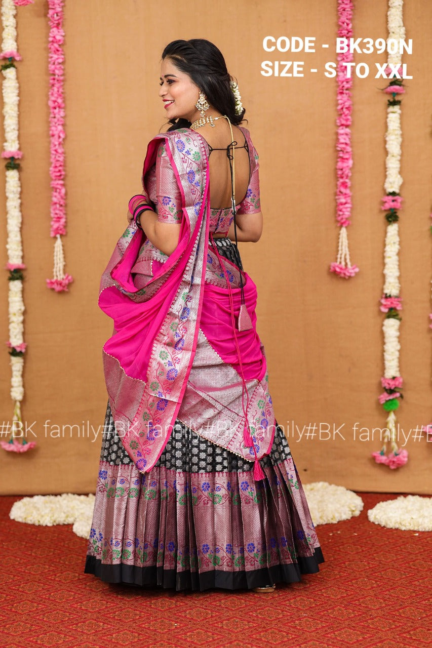 Charming black pure pattu silk half saree, pattu halfsaree, South lehenga