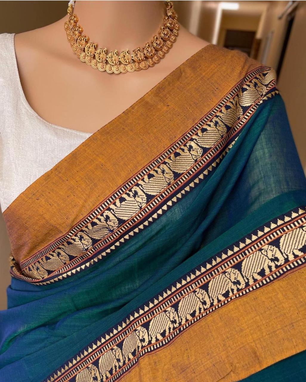 Deep turquoise Pure Narayanpeth Mercerised Cotton Saree