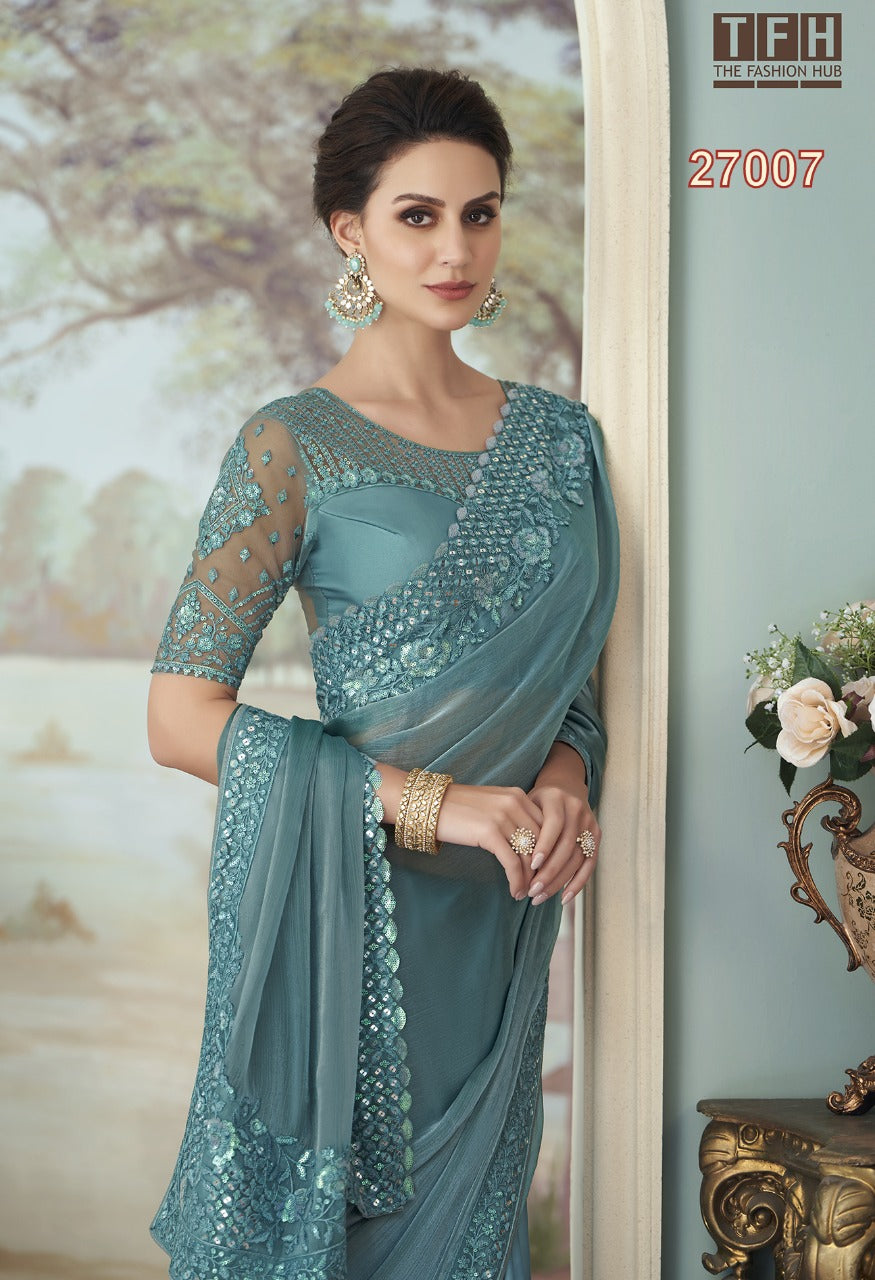 Turquoise Party wear saree with desginer blouse - Wedding wear fancy saree