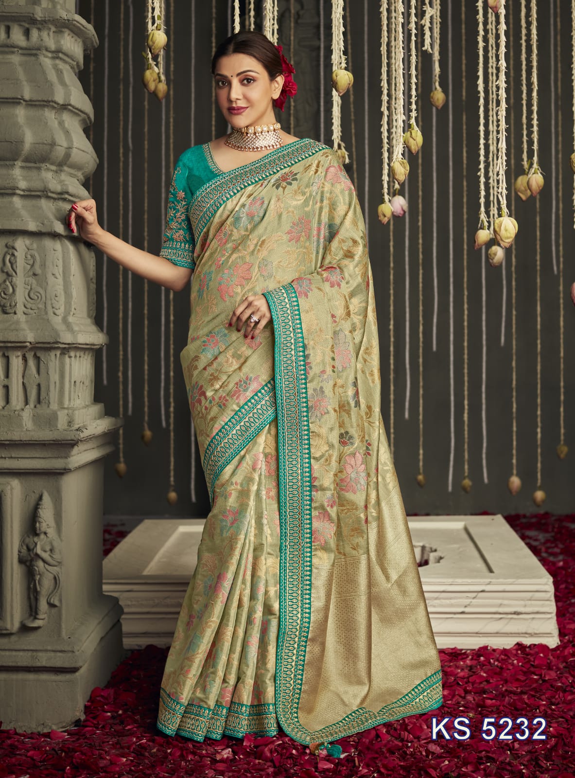 Beige and blue Dola Silk Saree