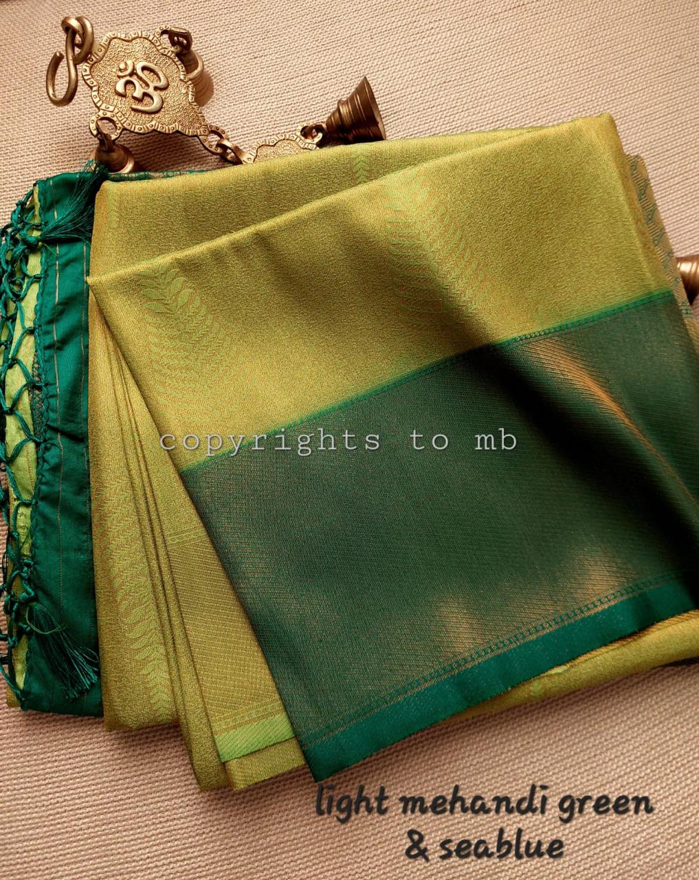 Light mehendi green and sea blue - Pure kubera pattu saree
