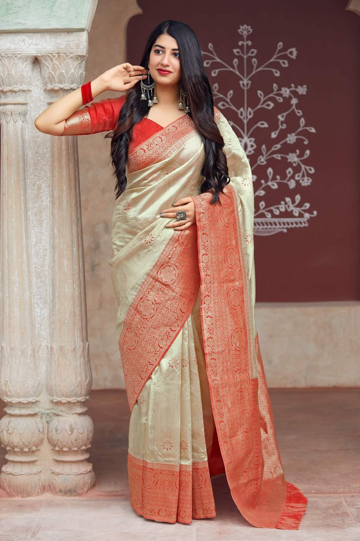 Red And Cream Banarasi Art Silk Saree - Women saree in UK -Manjubaa Silk