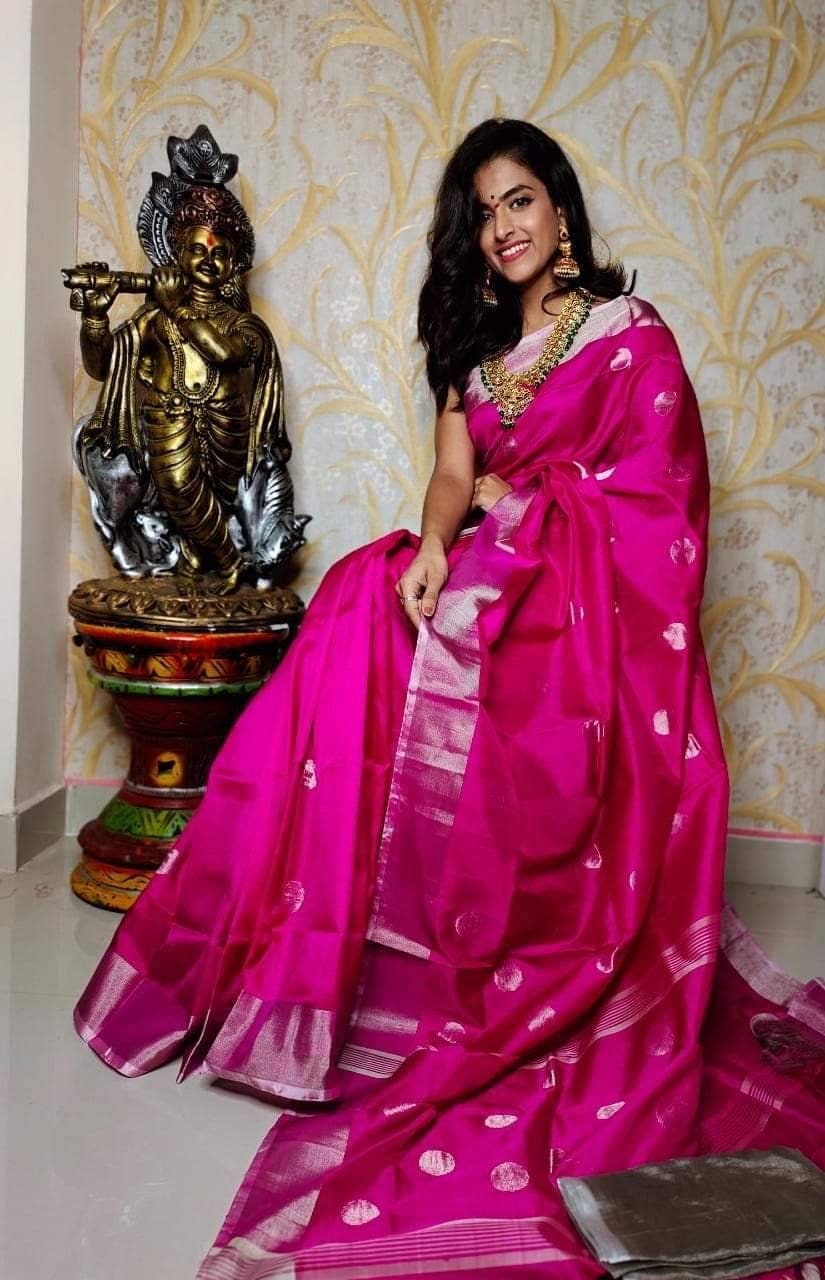 Elegant Uppada coin putta soft silk saree - light weight saree - Pink and silver saree saree for women