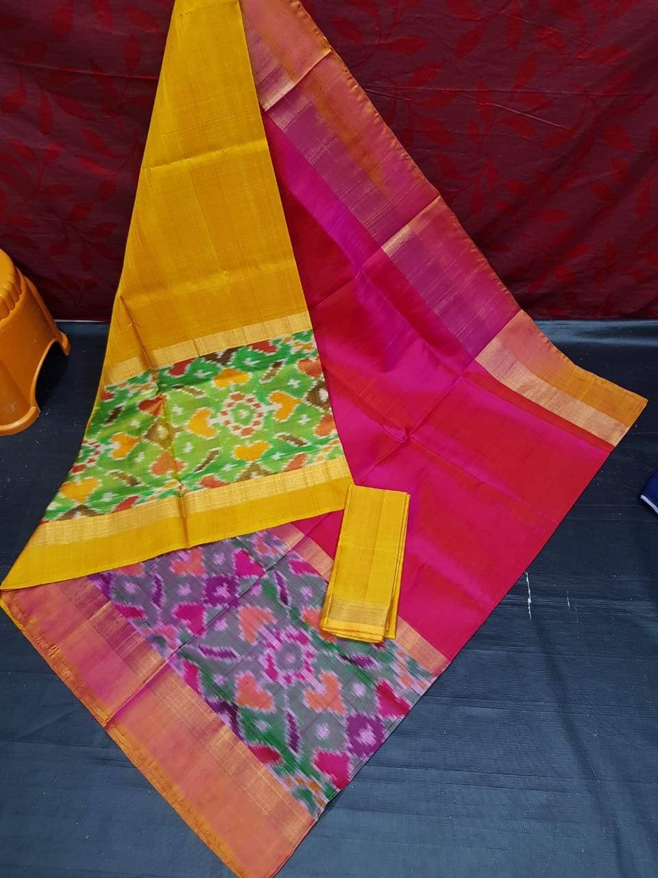 Yellow and pink Uppada pattu big pochampalli border sarees, handwoven silk saree, saree for women