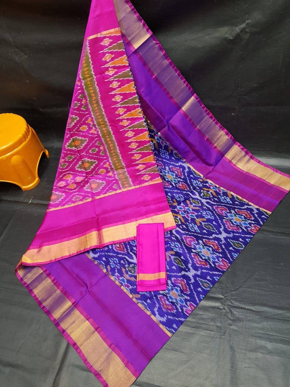 Ikkat design uppada pattu saree, pink and blue with big zari border, saree for women, indian saree