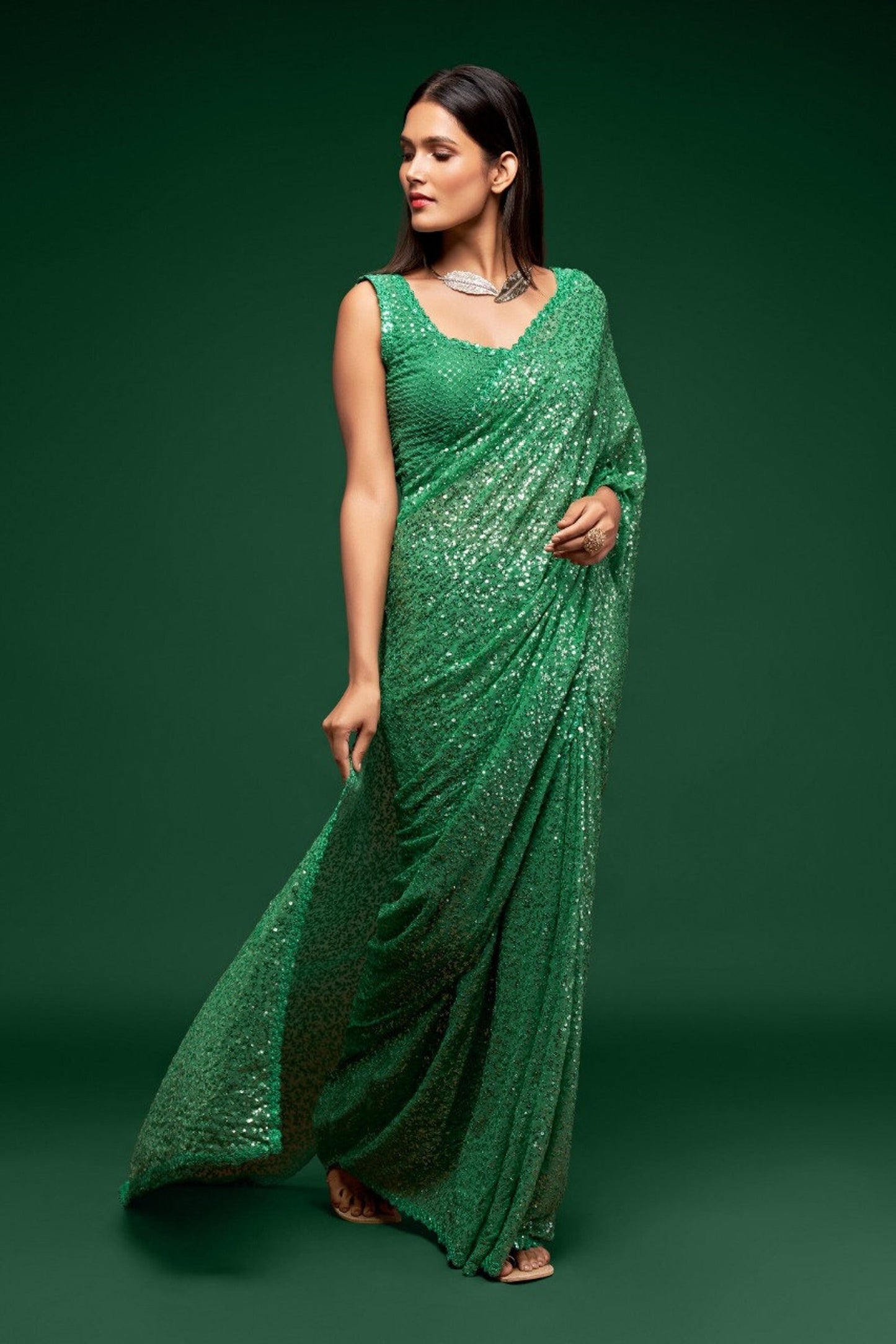 Pasta Green saree - sequins saree in georgette - party wear saree - wedding saree, saree for women, saree for Christmas