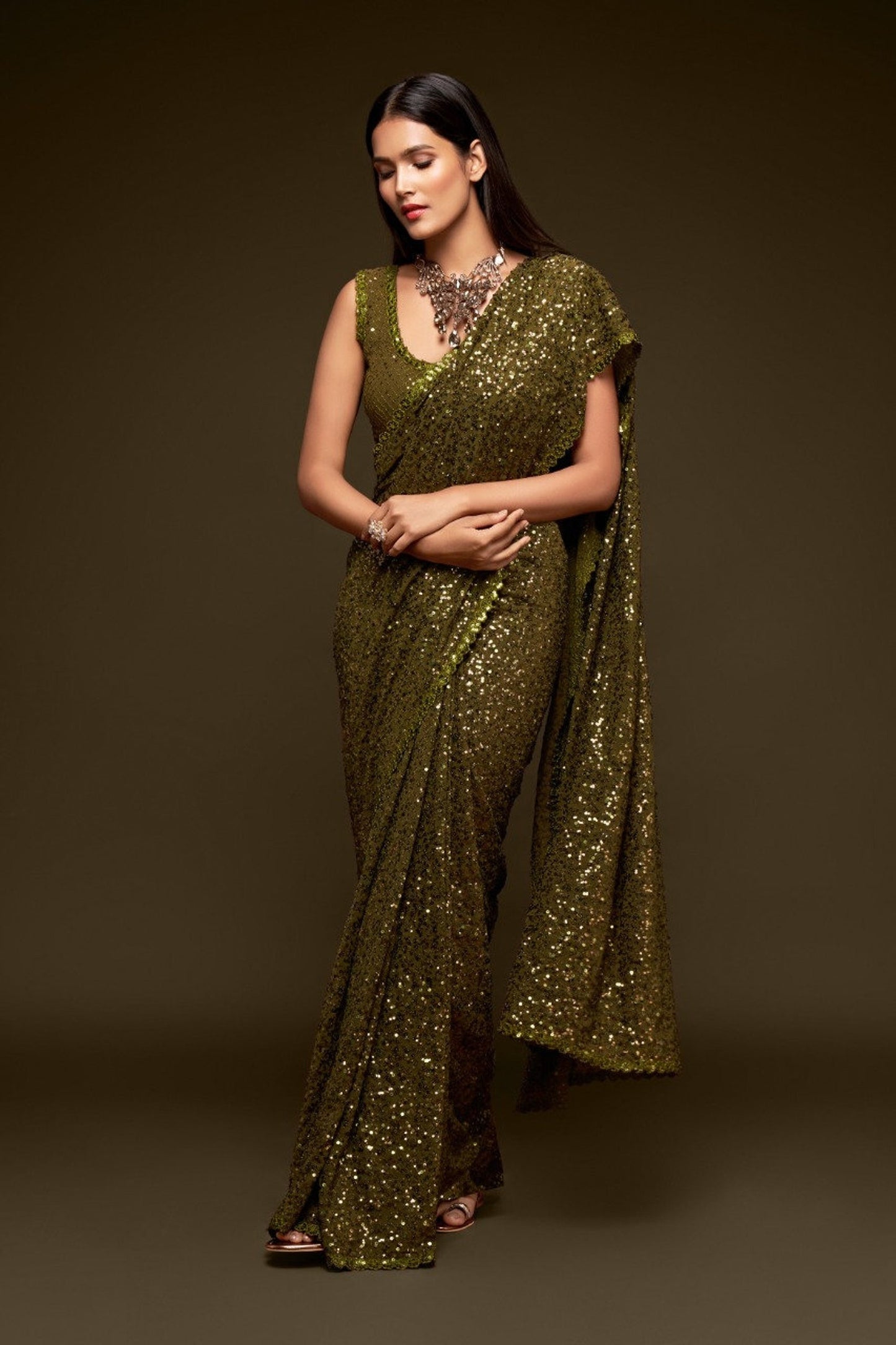 Pasta Green Designer sequins saree in georgette - party wear saree - wedding saree, saree for women saree for Christmas