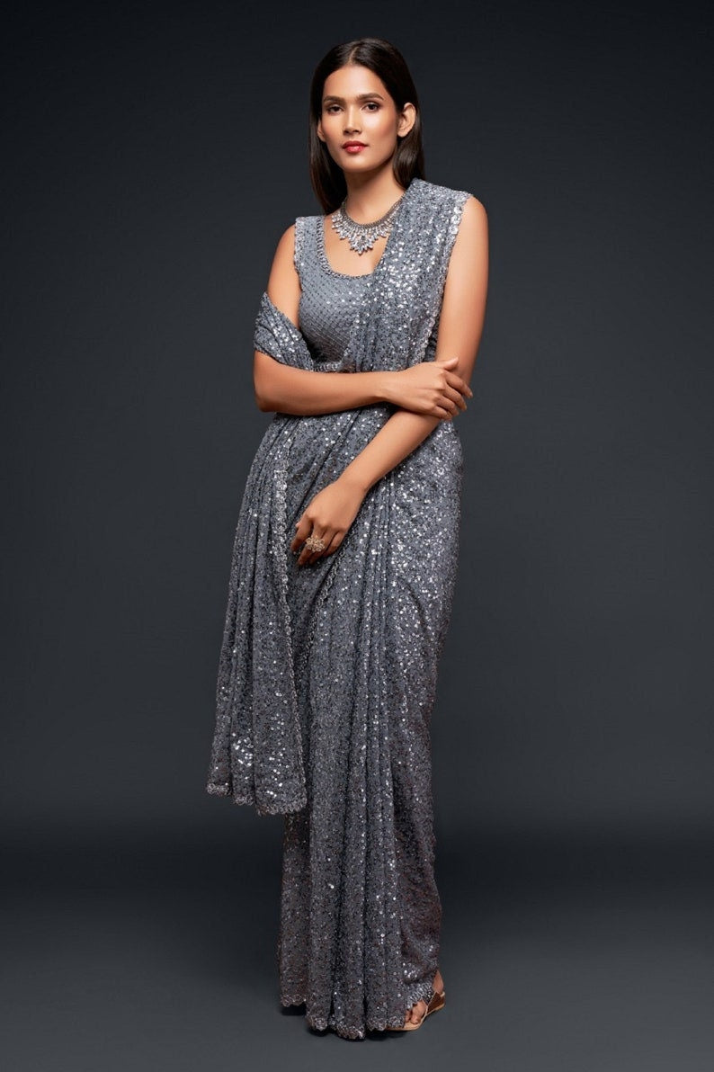 Silver color sequin sari Designer sequins saree in georgette - party wear saree - wedding saree, saree for women in UK
