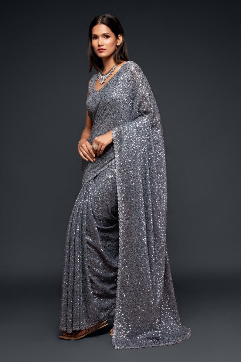 Silver color sequin sari Designer sequins saree in georgette - party wear saree - wedding saree, saree for women in UK