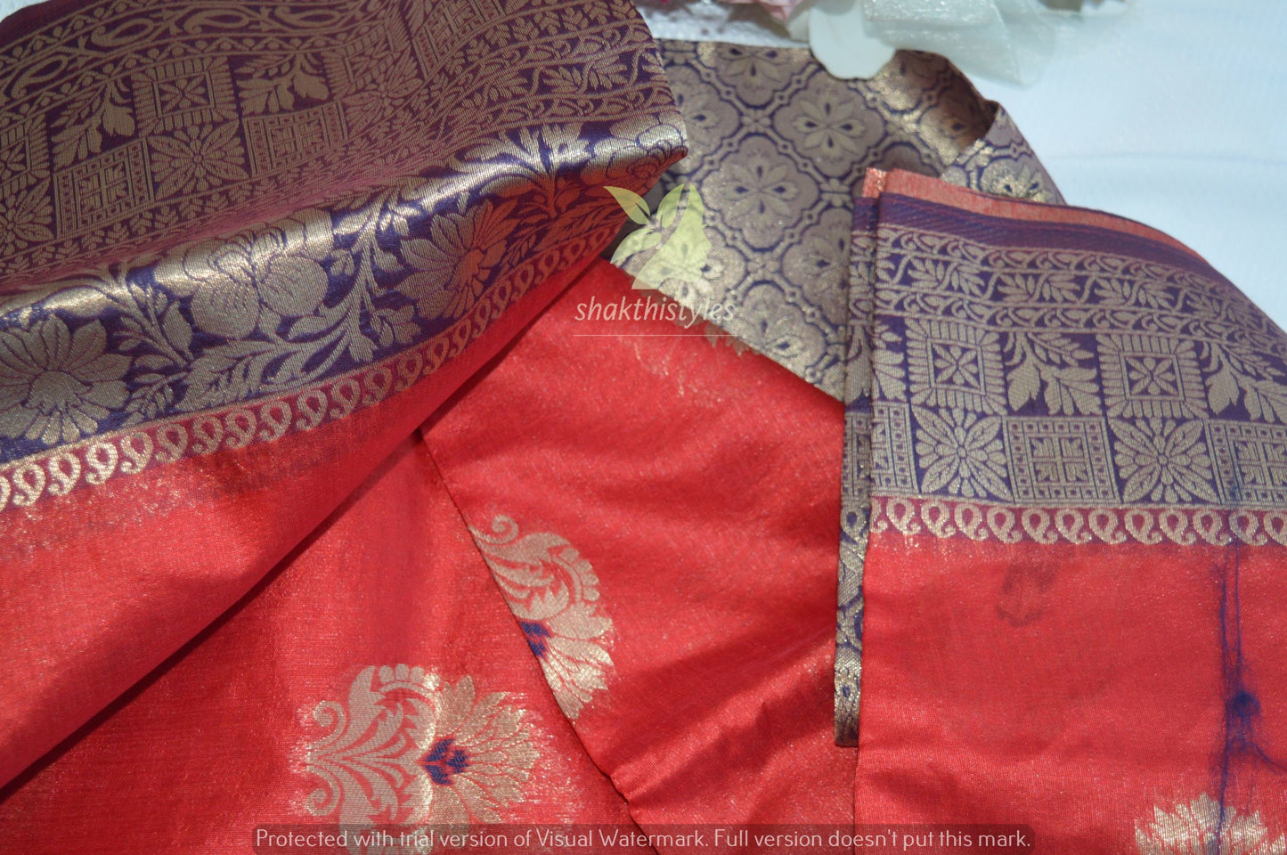 Charming red and blue woven banaras traditional saree - Women saree -Manjubaa Silk - saree for women in UK