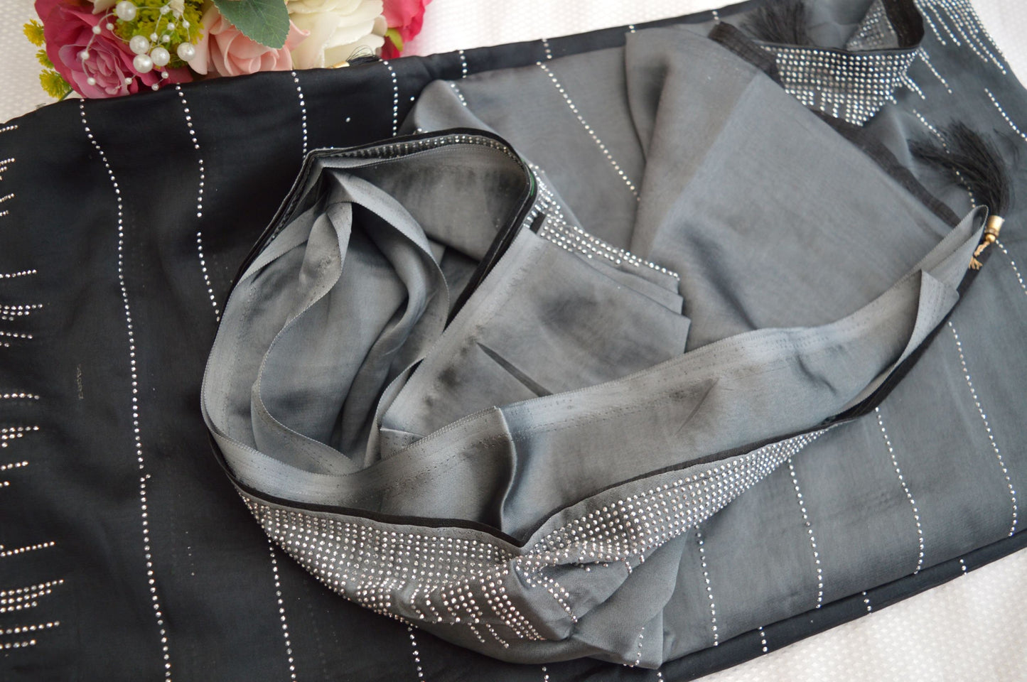 Black and Gray partywear designer saree - soft Georgette saree - dual shade shimmer georgette sarees with Swarovski work saree for women