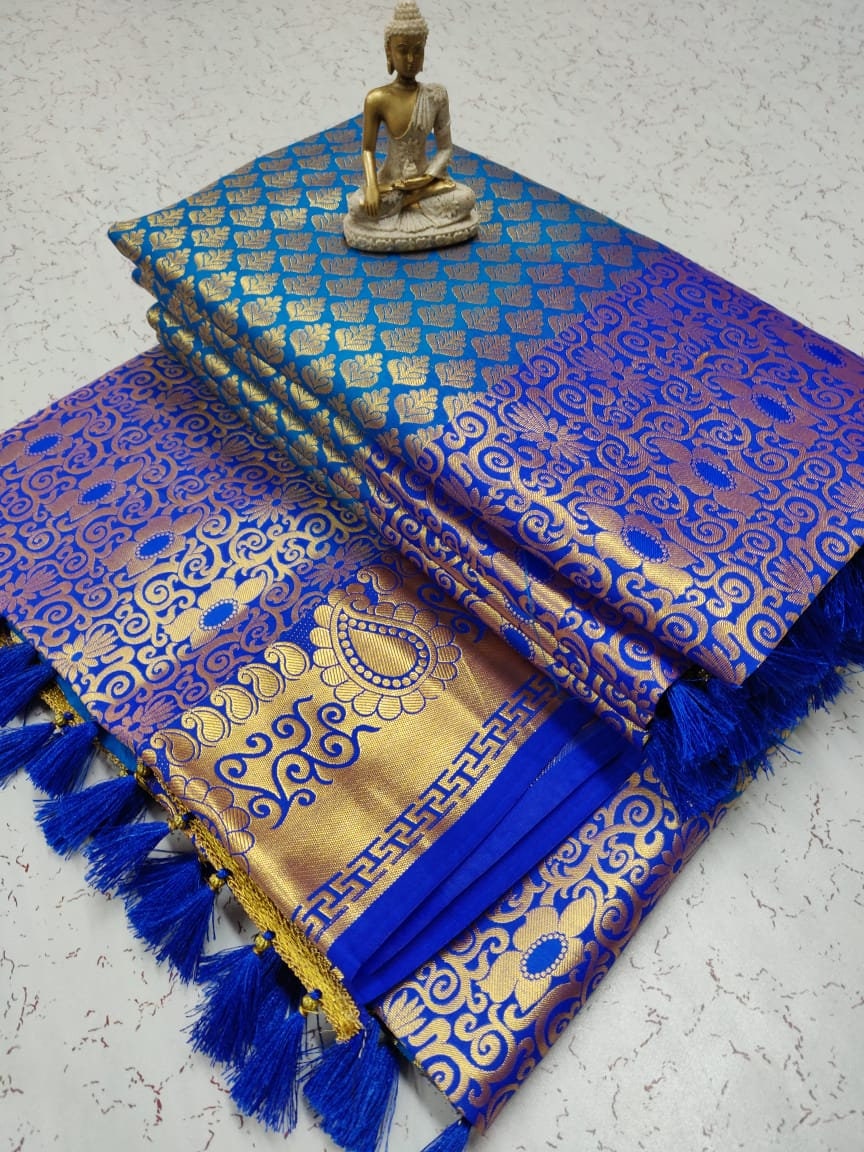 Peocock blue Semi kanchipuram bridal silk saree - Wedding saree - soft silk saree - saree for women in uk