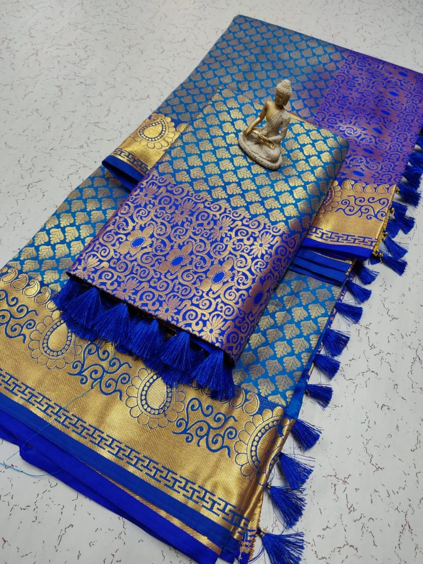Peocock blue Semi kanchipuram bridal silk saree - Wedding saree - soft silk saree - saree for women in uk