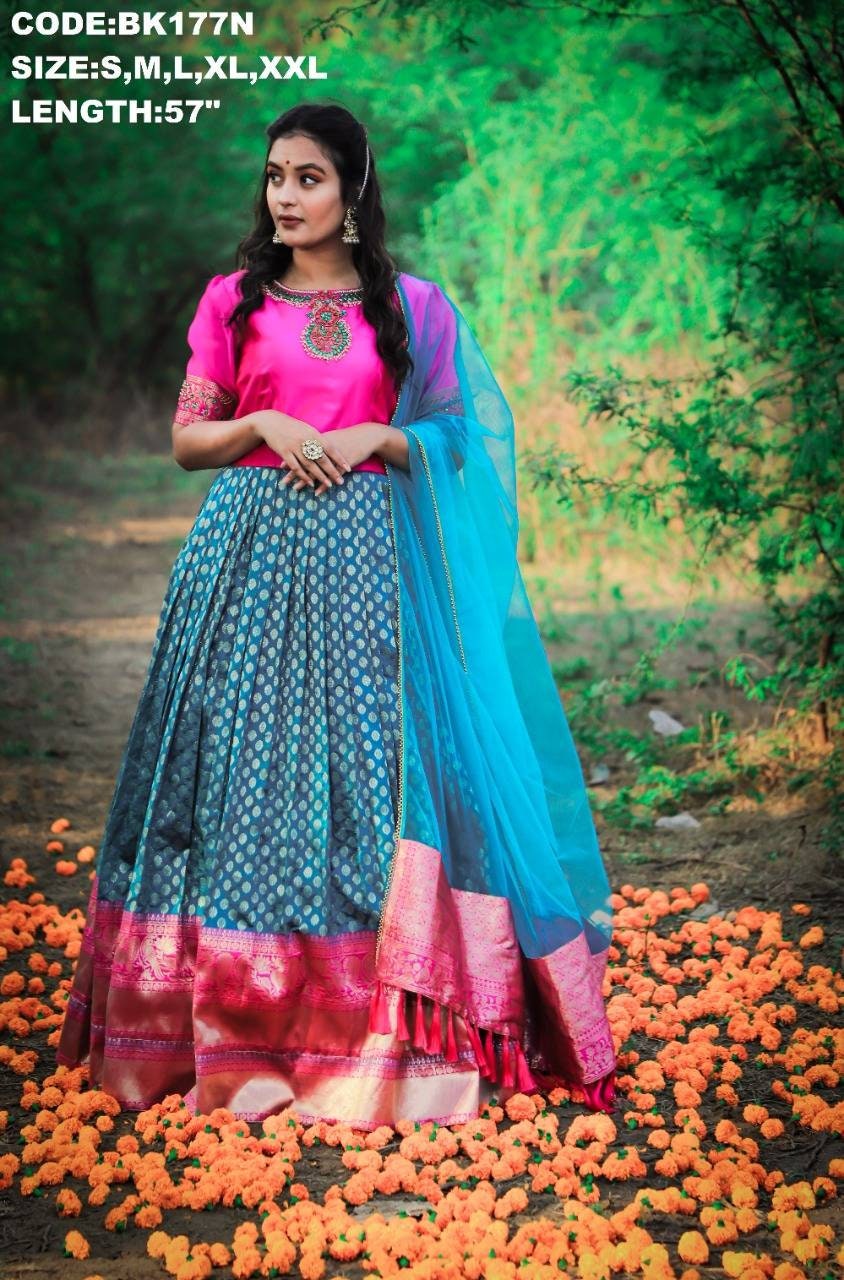 Pink and blue Pattu Gown- indian traditional dress - party wear gown - floor length gown