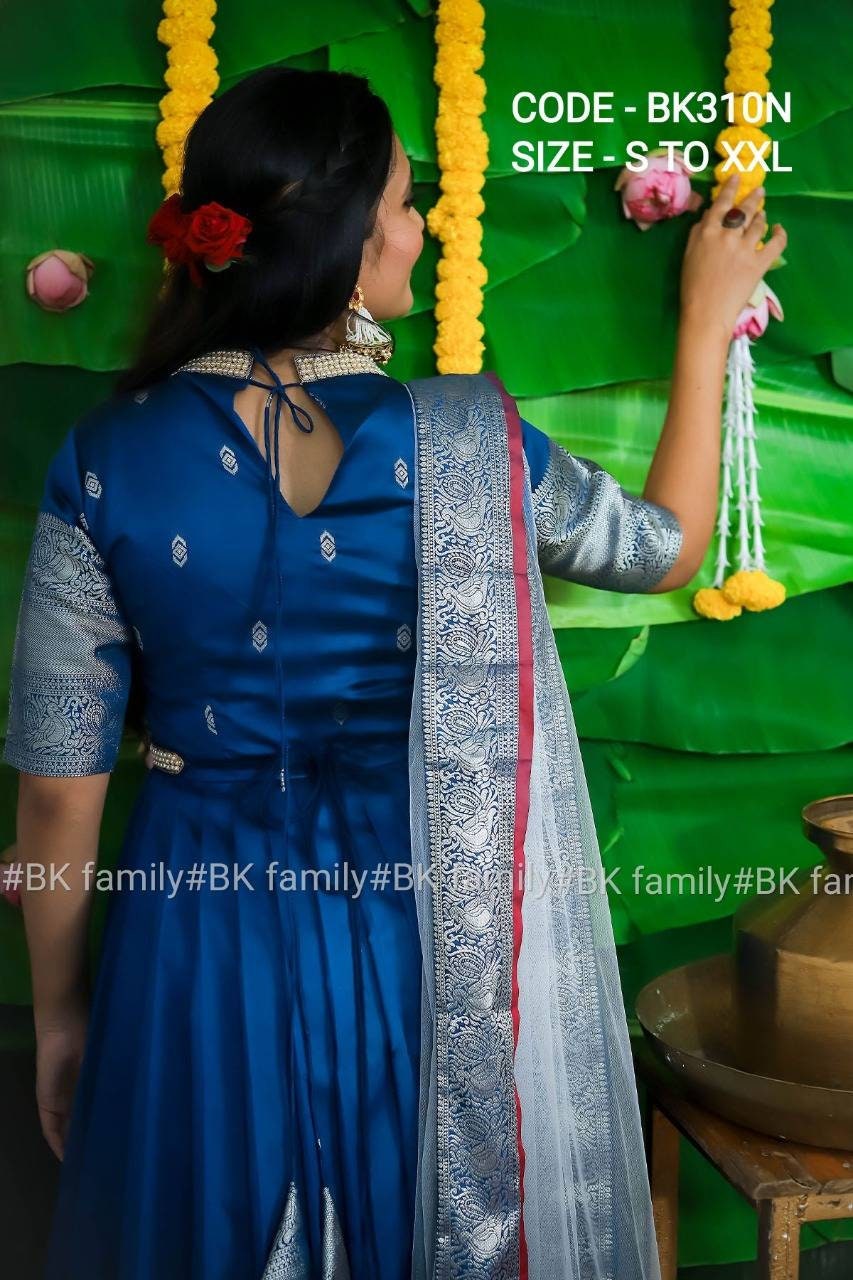 Peacock blue Pattu dress- indian traditional dress - party wear gown - floor length gown