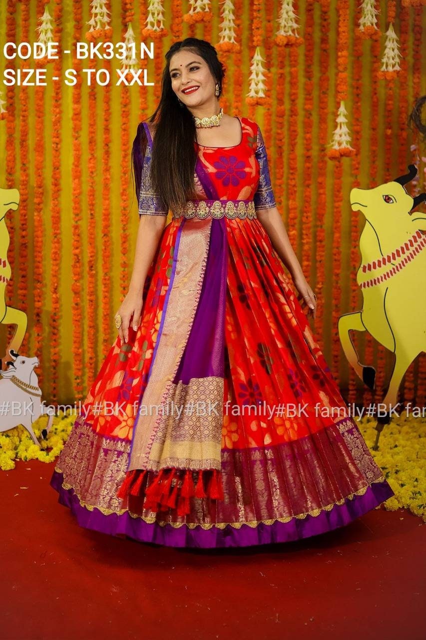Pattu dress - red floral dress - lehenga dress - lehenga dress