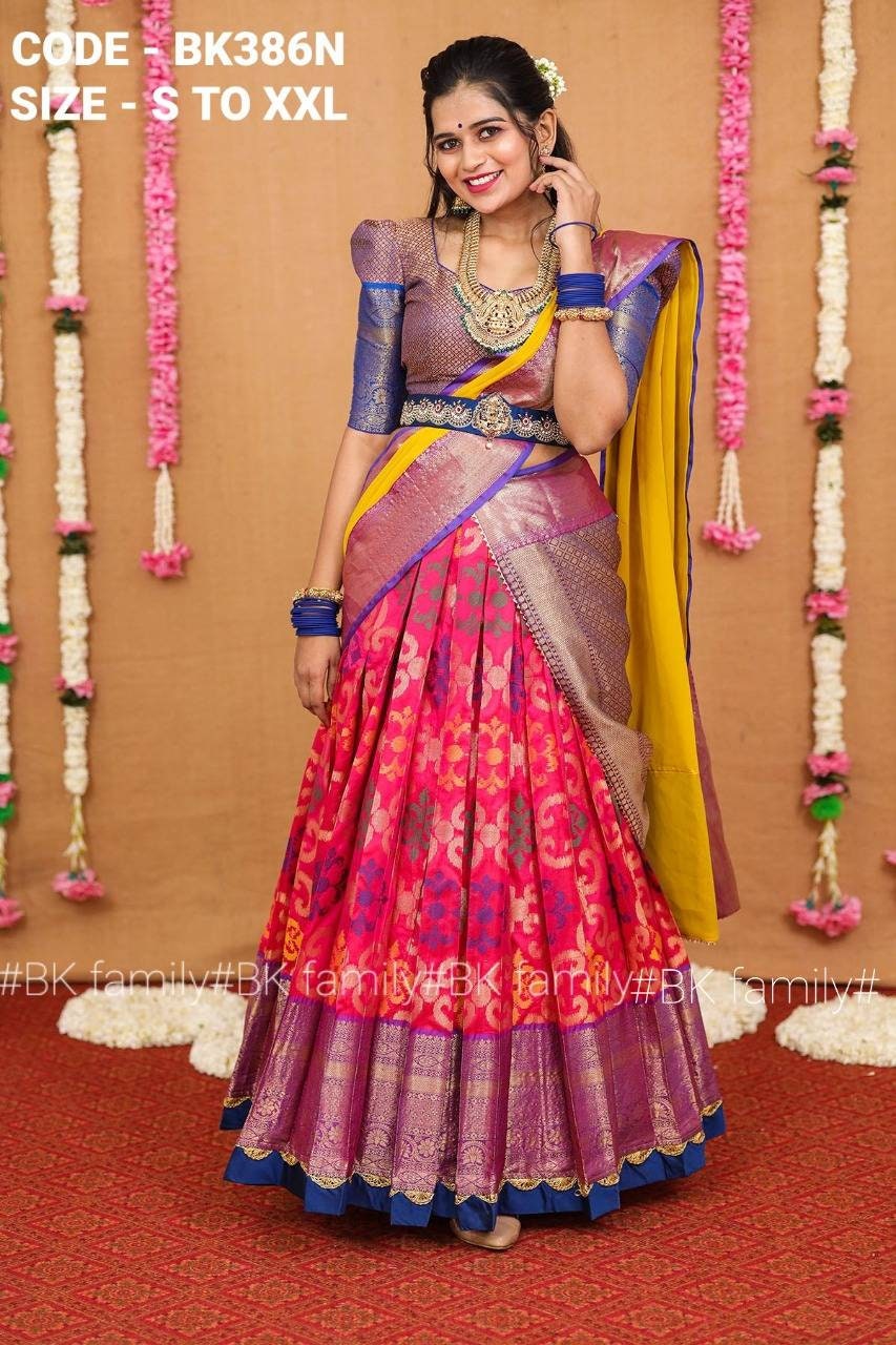 Rani Pink and yellow Pattu lehenga indian traditional halfsaree