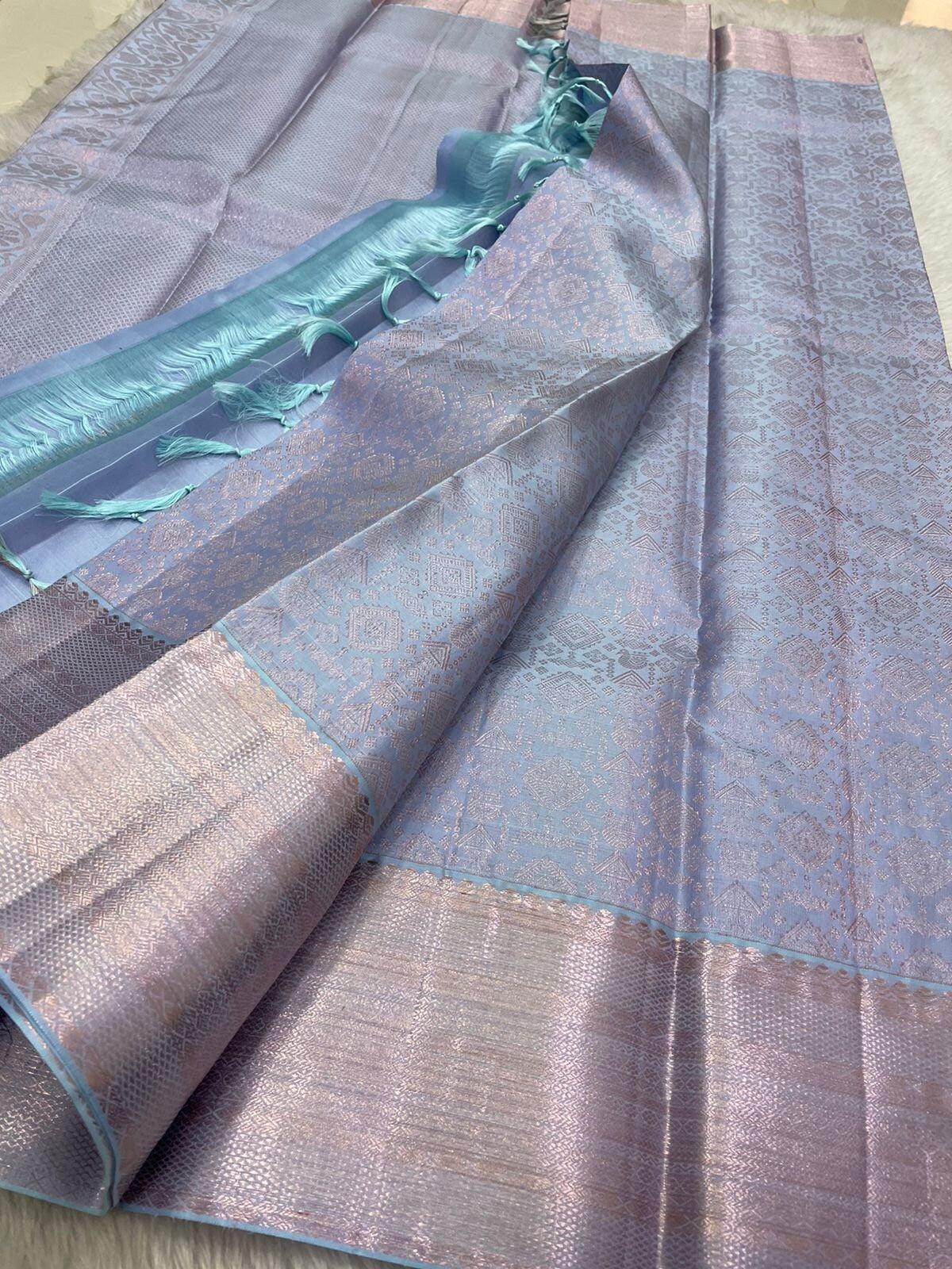 Pastal blue with silver waving Bridal pure kanchipuram silk saree - wedding silk - soft silk saree - silk mark certified