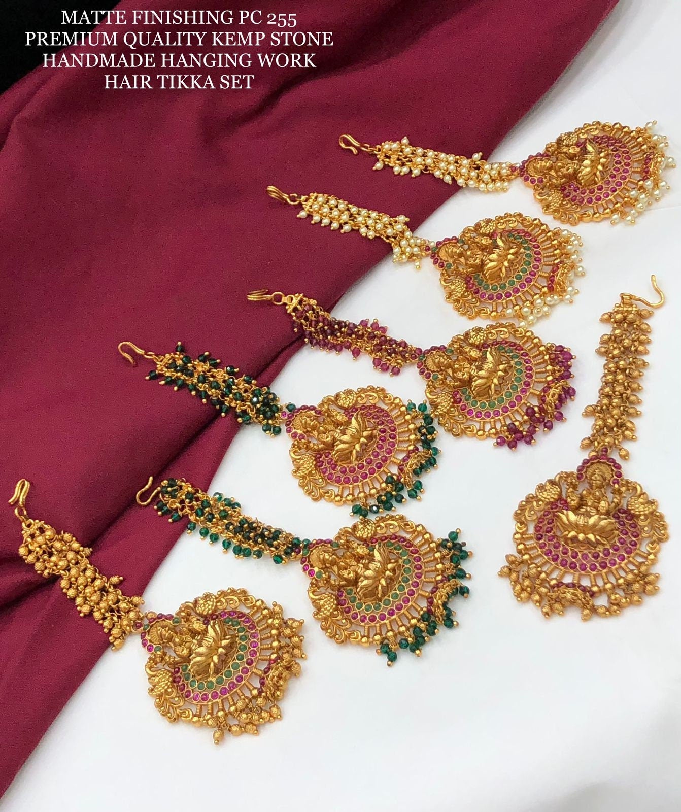 Matte finishing premium quality kemp stone handmade hanging work hair tikka set Tikka, gold Mangtikka, indian Jewllery for Wedding