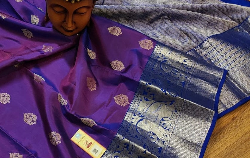Purple and Silver light weight silk saree - wedding silk - soft silk saree - Kanchipuram silk saree - silk mark certified