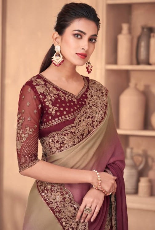 Maroon and Beige shade party wear saree