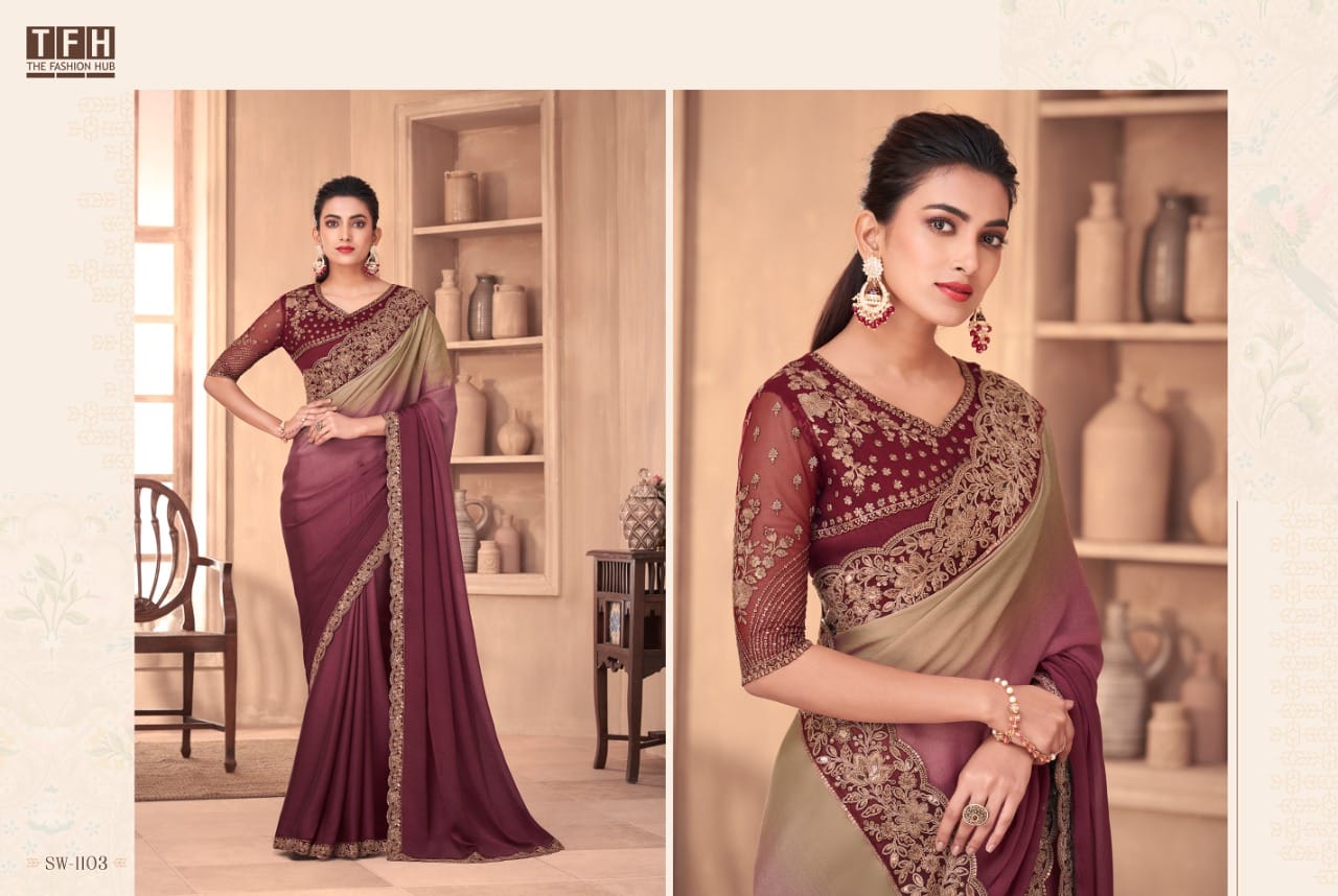 Maroon and Beige shade party wear saree