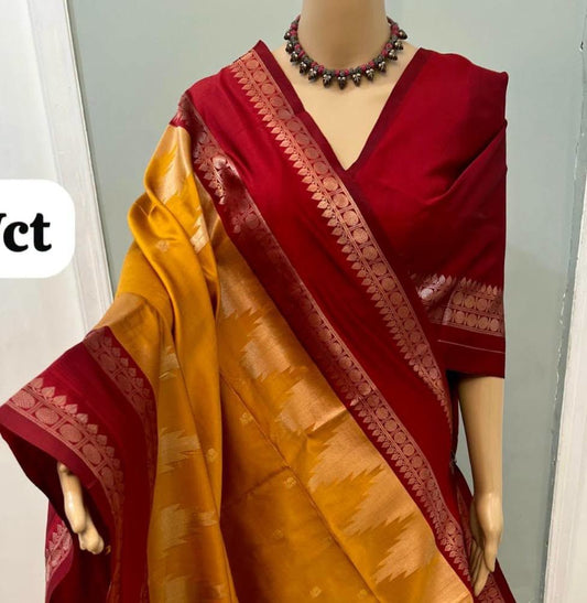 Golden-mustard and Maroon - Kadiyal Paithani soft silk saree