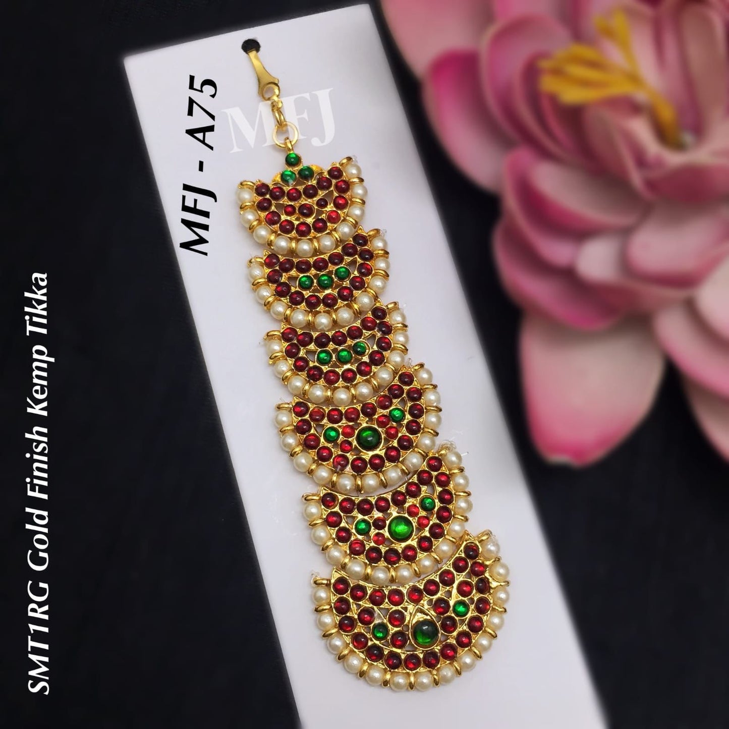 Gold-plated Tamil Nadu style temple jewelry (Kemp tikka) with red and green stones and white pearls, displayed on a white card labeled Bharathanatyam jewellery 