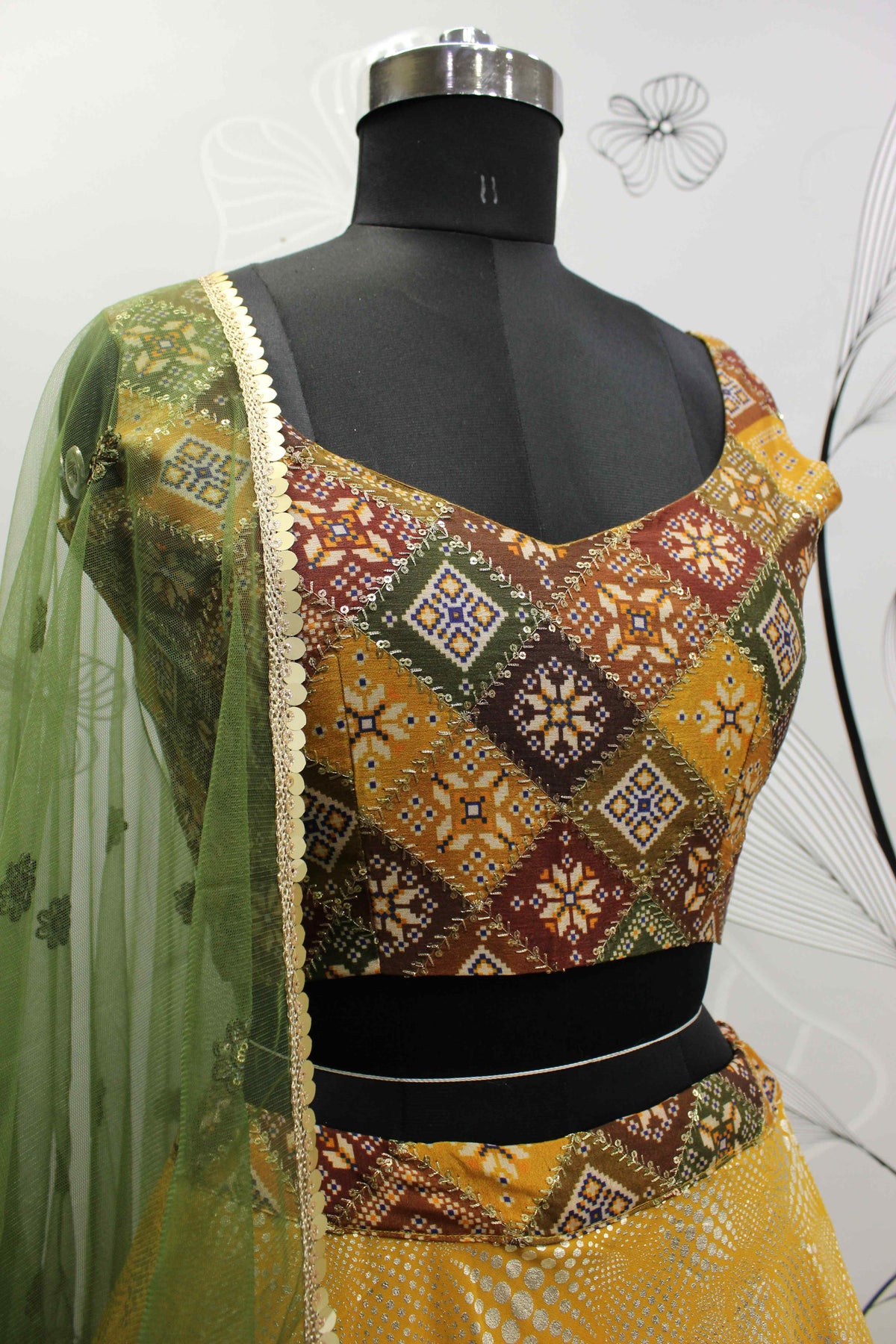 title for this Mustard Gold Embroidered Lehenga Choli with Green Dupatta – Fully Stitched Party Wear | Size S