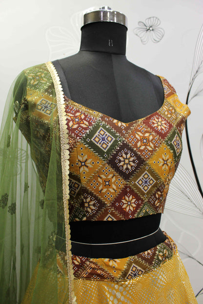 title for this Mustard Gold Embroidered Lehenga Choli with Green Dupatta – Fully Stitched Party Wear | Size S