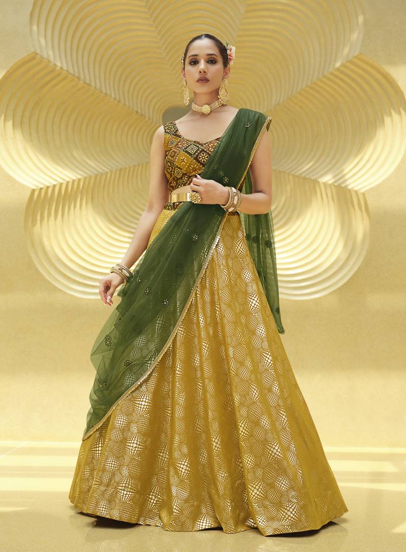 title for this Mustard Gold Embroidered Lehenga Choli with Green Dupatta – Fully Stitched Party Wear | Size S