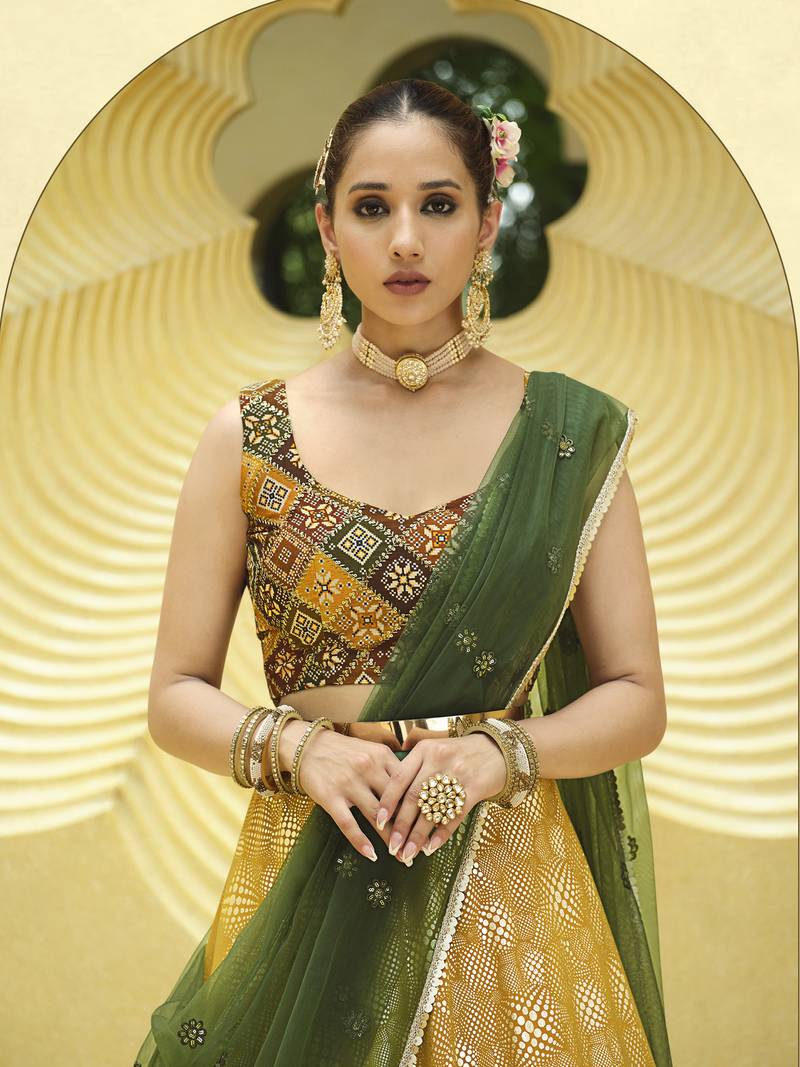 title for this Mustard Gold Embroidered Lehenga Choli with Green Dupatta – Fully Stitched Party Wear | Size S