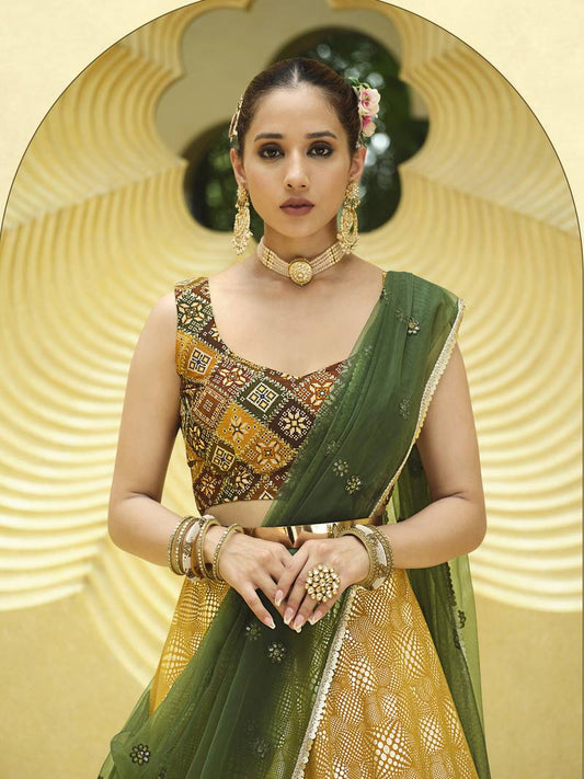 title for this Mustard Gold Embroidered Lehenga Choli with Green Dupatta – Fully Stitched Party Wear | Size S
