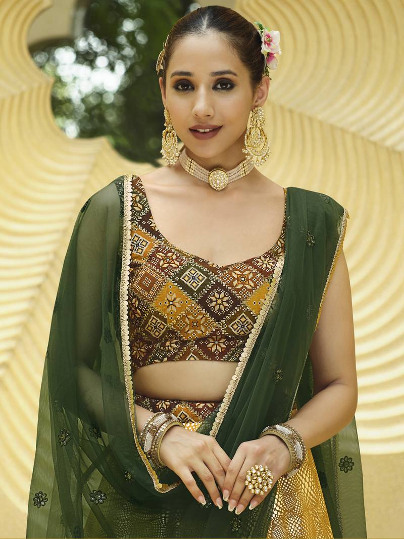 title for this Mustard Gold Embroidered Lehenga Choli with Green Dupatta – Fully Stitched Party Wear | Size S
