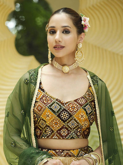 title for this Mustard Gold Embroidered Lehenga Choli with Green Dupatta – Fully Stitched Party Wear | Size S