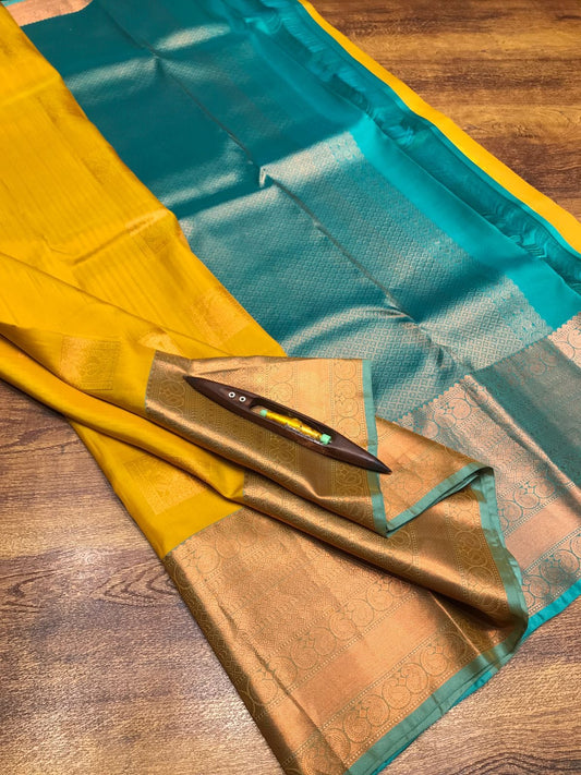 Yellow and Turquise Kanchivaram pure silk saree