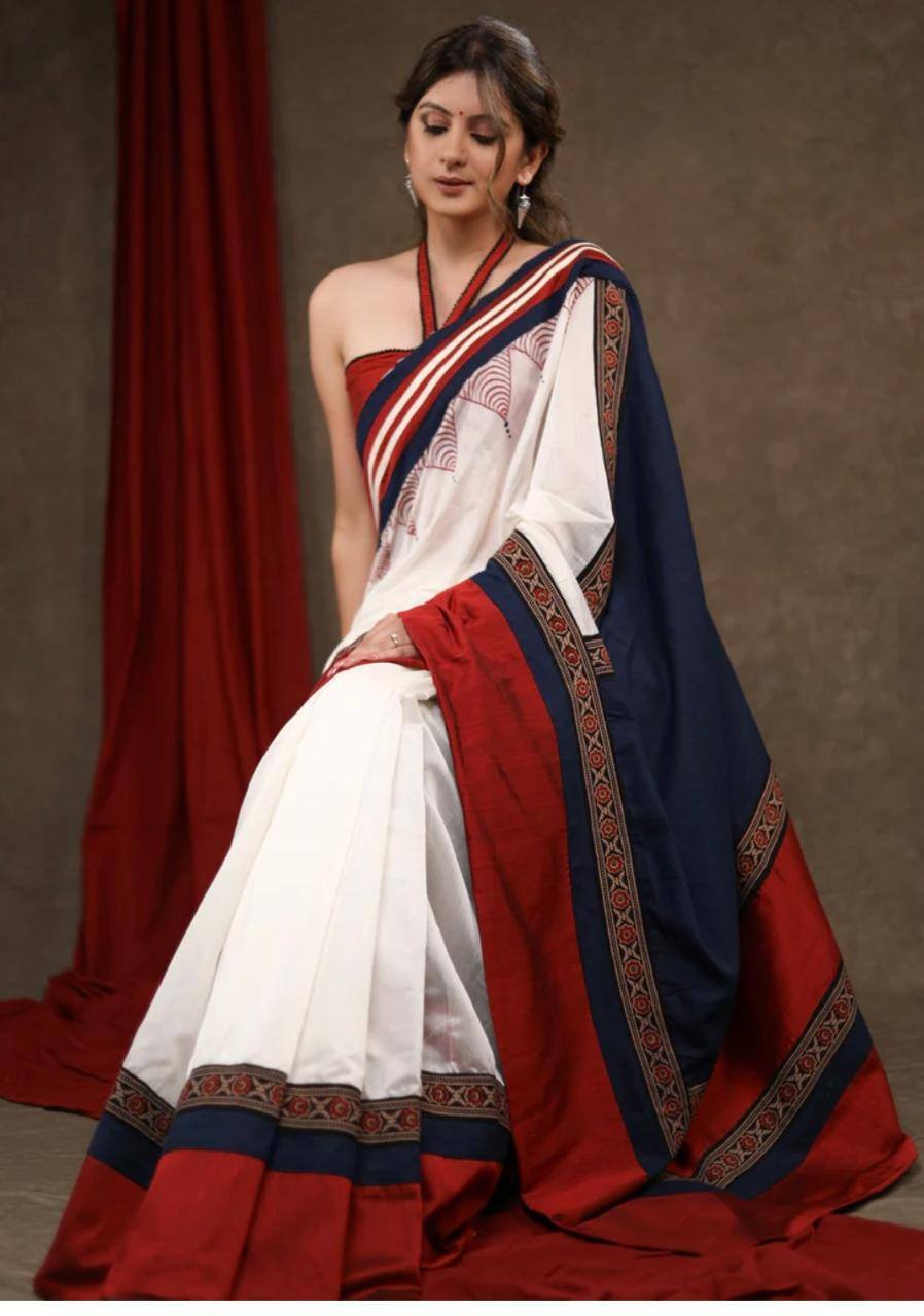 Chanderi & Cotton Silk - Red and blue desiner saree