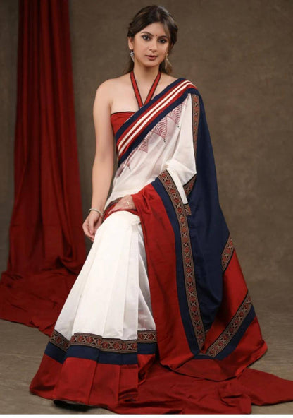Chanderi & Cotton Silk - Red and blue desiner saree