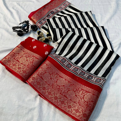 Black and white striped Soft Dola Saree with latkan