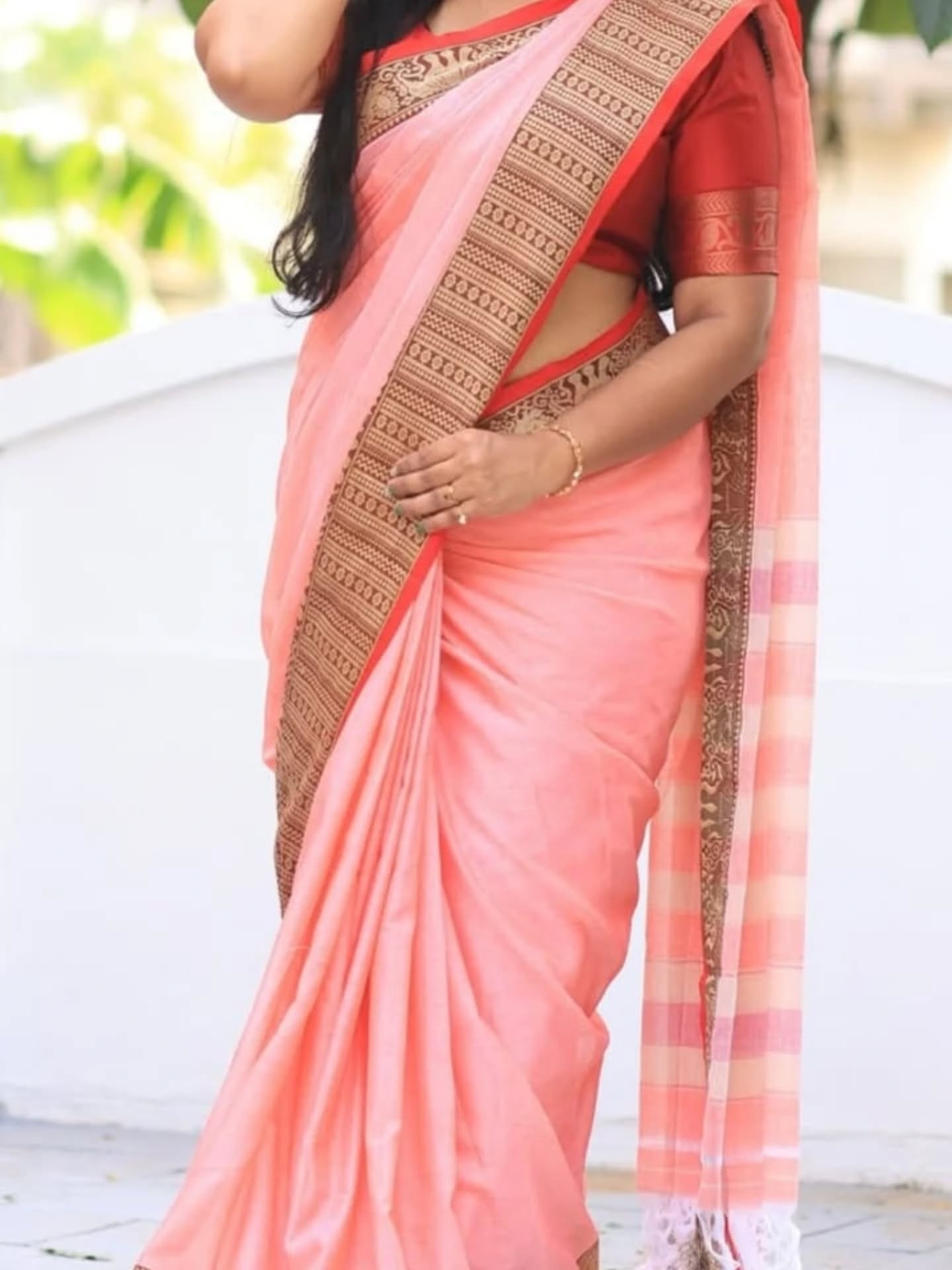 Peach orange narayanpeth Mezadaise Cotton Saree with Intricate Border