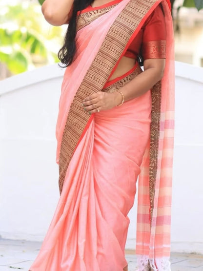Peach orange narayanpeth Mezadaise Cotton Saree with Intricate Border