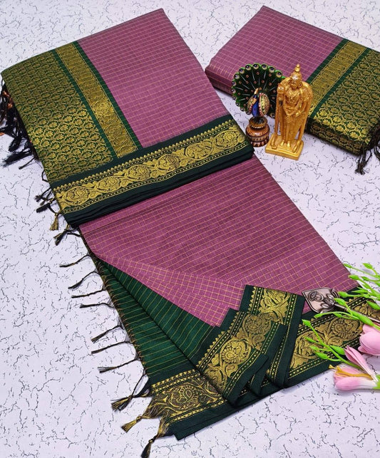 Soft Kalyani Cotton Check Saree in Mauve with Bottle Green Zari Border