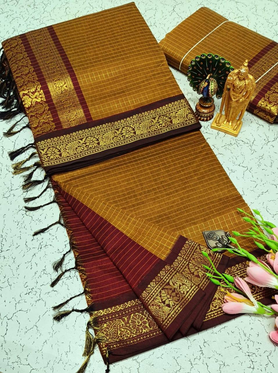 Traditional Mustard and Maroon Soft Kalyani Cotton Check Saree