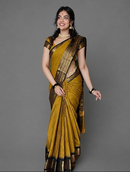Mustard Kanchi Cotton Saree with Black & Gold Annam Border