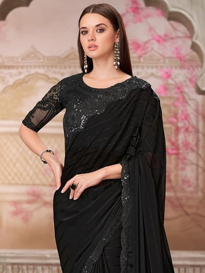 Black Georgette Designer Saree with Embellished Blouse | Cocktail Party Wear Saree