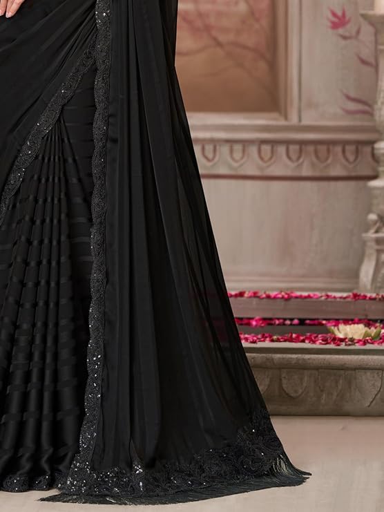 Black Georgette Designer Saree with Embellished Blouse | Cocktail Party Wear Saree