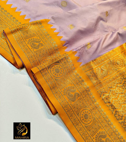 Lavender & Golden Yellow Banarasi Soft Silk Saree with Rich Zari Border