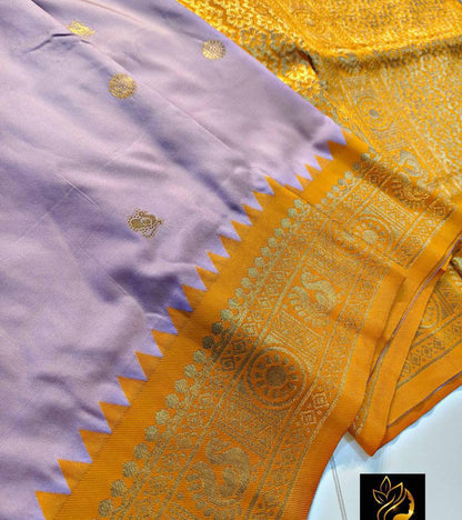 Lavender & Golden Yellow Banarasi Soft Silk Saree with Rich Zari Border