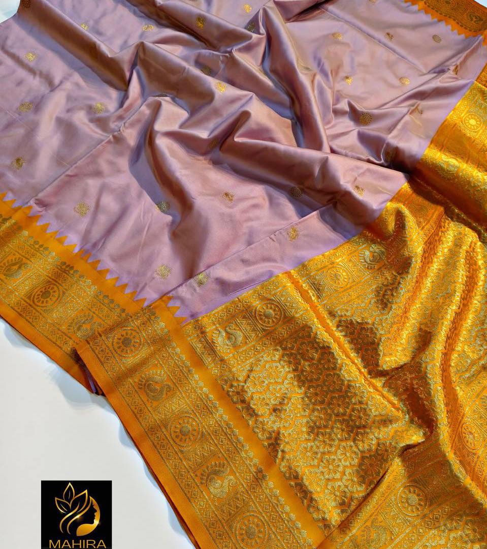 Lavender & Golden Yellow Banarasi Soft Silk Saree with Rich Zari Border