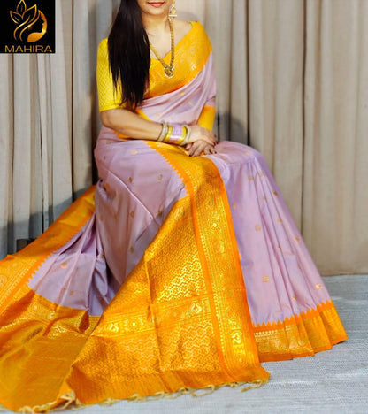 Lavender & Golden Yellow Banarasi Soft Silk Saree with Rich Zari Border